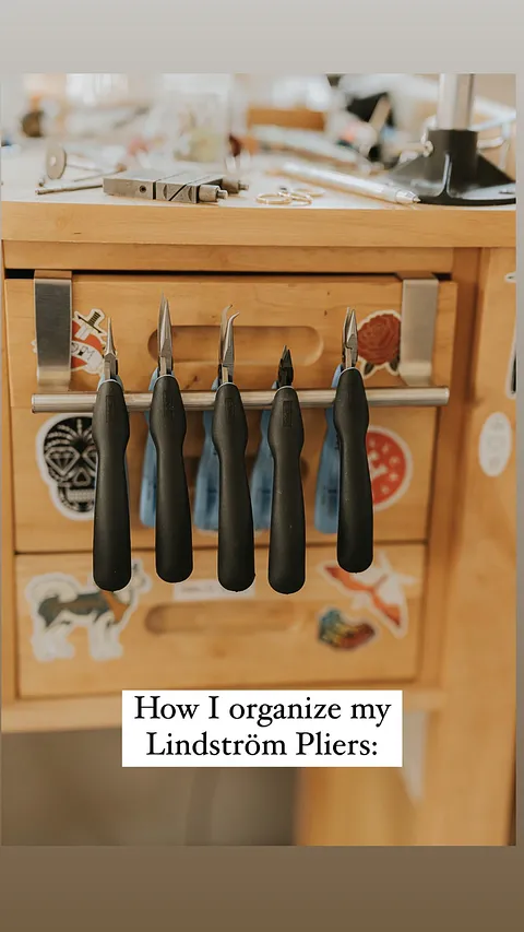 How I organize my Lindström pliers, I use a 9” towel bar that hangs over my drawers, it also perfectly hangs over the edge...