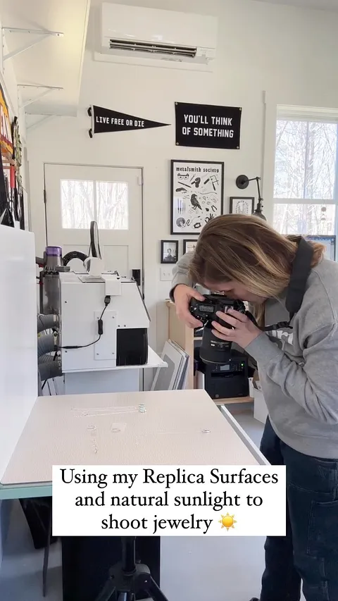 When I photograph my jewelry I shoot in bright, indirect light. I use @replicasurfaces as a consistent background. They...