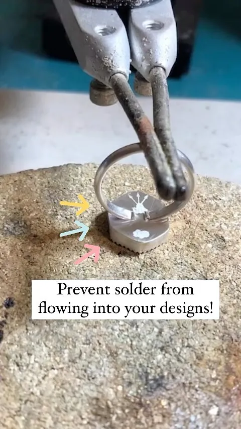 Here is a soldering tip from @sourtimes.co - “I use a white out pen to prevent/stop solder from flowing into any stamped...